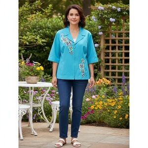 Bob Mackie Wearable Art Blue Shirt Jacket with Embroidery Size 1X [Needs Repair]